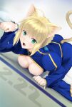  1girl ahoge animal_ears artoria_pendragon_(fate) blonde_hair blush braid breasts cat_ears cleavage dress fate/stay_night fate_(series) green_eyes highres long_sleeves looking_at_viewer medium_breasts saber_(fate) shirotsumekusa solo 