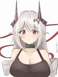  1girl :/ arknights black_choker black_horns black_shirt breasts choker cleavage demon_horns enunomiya grid_background highres horns infection_monitor_(arknights) large_breasts long_hair looking_at_viewer mudrock_(arknights) off_shoulder pointy_ears red_eyes shirt sidelocks simple_background solo spaghetti_strap twitter_username upper_body white_background white_hair white_shirt 