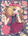  1girl :d bag blonde_hair blush breasts collared_shirt eyelashes grey_eyes handbag hands_up happy hat head_tilt highres holding holding_poke_ball long_hair makimi_(zmaru_111111) open_mouth pink_bag pink_headwear pleated_skirt poke_ball poke_ball_(basic) pokemon pokemon_xy serena_(pokemon) shirt skirt sleeveless sleeveless_shirt smile solo sunglasses thighhighs white-framed_eyewear 