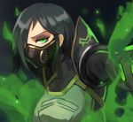  1girl asymmetrical_hair black_background black_hair breasts commentary_request covered_mouth gas_mask green_eyes green_smoke hair_over_one_eye highres korean_commentary looking_at_viewer mask mouth_mask short_hair simple_background smoke solo sookmo upper_body valorant viper_(valorant) 