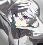  1boy bishounen blurry blurry_edges closed_mouth depth_of_field finger_frame grey_hair hair_between_eyes highres light_smile looking_at_viewer male_focus mikleo_(tales) muted_color portrait purple_eyes short_hair smile solo spot_color swept_bangs tales_of_(series) tales_of_zestiria v1oletw1steria 