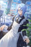  02bear20 1boy absurdres alternate_costume apron blue_hair blush bow bowtie cake cake_slice chair checkerboard_cookie closed_mouth cookie crossdressing dutch_angle enmaided food genshin_impact hair_between_eyes highres indoors juliet_sleeves kamisato_ayato long_sleeves looking_at_viewer maid maid_apron male_focus medium_hair mole mole_under_mouth muffin parted_bangs puffy_sleeves purple_eyes skirt_hold sunlight table tiered_tray white_bow white_bowtie window 