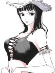  1girl armlet black_eyes black_hair blunt_bangs cowboy_hat crop_top cross-laced_clothes cross-laced_top hat highres looking_at_viewer medium_hair needbee_r nico_robin one_piece simple_background solo upper_body white_background 