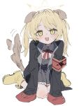  1girl :d animal_ears armband black_coat blonde_hair blue_archive blush boots brown_tail coat commentary_request dog_ears dog_tail dress full_body grey_dress halo highres horns ibuki_(blue_archive) kemonomimi_mode neck_ribbon noyama_(prosiuttooishi) open_mouth pinafore_dress red_ribbon ribbon rubber_boots simple_background sleeveless sleeveless_dress sleeves_past_fingers sleeves_past_wrists smile solo tail twintails white_background yellow_eyes yellow_footwear 