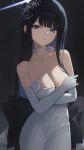  1girl absurdres bare_shoulders black_hair blue_archive blue_eyes blue_hair blue_halo breasts cleavage colored_inner_hair commentary_request crossed_arms dark_background dress elbow_gloves gloves halo highres large_breasts long_hair looking_at_viewer multicolored_hair official_alternate_costume saori_(blue_archive) saori_(dress)_(blue_archive) simple_background solo strapless strapless_dress toi1et_paper white_dress white_gloves 