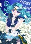  1girl absurdres aqua_choker aqua_hair aqua_sailor_collar aqua_skirt bishoujo_senshi_sailor_moon blue_bow blue_bowtie blue_eyes bow bowtie deep_aqua_mirror flower highres kaiou_michiru katt_sun lips looking_at_viewer rose sailor_collar sailor_neptune short_sleeves skirt smile solo white_flower white_rose 