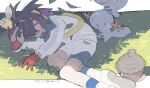  black_hair blue_shirt blue_socks closed_eyes cutiefly gloves grass hair_between_eyes hair_over_one_eye highres jacket kero8080 kieran_(pokemon) leaf long_sleeves lying on_side partially_fingerless_gloves poke_ball poke_ball_(basic) pokemon pokemon_sv purple_hair red_gloves seedot shirt shoes shorts single_glove sleeping socks white_footwear white_jacket wooper zzz 