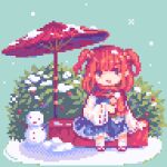  1girl blue_footwear commentary dango food full_body hair_bobbles hair_ornament long_sleeves looking_at_viewer oil-paper_umbrella onozuka_komachi open_mouth outdoors pii_614 pixel_art red_eyes red_hair red_scarf ribbon-trimmed_sleeves ribbon_trim scarf sitting snow snowing snowman solo symbol-only_commentary touhou two_side_up umbrella wagashi 