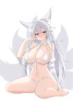  1girl absurdres animal_ear_fluff animal_ears arm_at_side azur_lane bare_legs bare_shoulders barefoot bikini blue_eyes blush breasts catnnn cleavage closed_mouth detached_collar detached_sleeves eyelashes flipped_hair fox_ears fox_girl fox_tail frilled_bikini frills front-tie_bikini_top front-tie_top full_body grey_hair hair_between_eyes hair_lift hand_to_head hand_up highres large_breasts long_hair looking_at_viewer multiple_tails navel neck_ribbon nose_blush ribbon shinano_(azur_lane) simple_background sitting skindentation smile solo swimsuit tail wariza white_background white_bikini white_ribbon white_sleeves wide_sleeves 