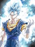  1boy arm_at_side aura blue_eyes blue_hair closed_mouth dragon_ball dragon_ball_super earrings gloves highres jewelry looking_at_viewer male_focus mattari_illust muscle potara_earrings smile smirk solo spiked_hair standing super_saiyan super_saiyan_blue upper_body vegetto white_gloves 