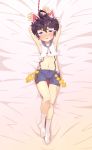  1boy ahoge animal_ears arms_behind_head bandaid blue_eyes blue_hair blush bulge cat_ears dakimakura hair_between_eyes highres ichinose_sora irony-san mahjong_soul navel on_bed pants sailor_collar short_shorts shorts socks solo suspender_shorts suspenders tight tight_pants white_legwear 