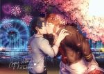  2boys artist_name bangs beard black_hair brown_hair cherry_blossoms chest closed_eyes couple eyebrows_visible_through_hair facial_hair fate/grand_order fate_(series) fireworks flower fujimaru_ritsuka_(male) goatee hand_on_another&#039;s_shoulder highres holding holding_flower kiss long_sleeves male_focus multiple_boys muscle napoleon_bonaparte_(fate/grand_order) open_clothes open_shirt pants pectorals shirt sideburns sleeves_rolled_up tree upper_body valentine white_pants yaoi yaosan233 