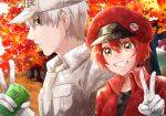  1boy 1girl ae-3803 autumn autumn_leaves baseball_cap black_eyes black_shirt breast_pocket cabbie_hat close-up clothes_writing collared_shirt commentary_request couple cup drink empty_eyes gloves grass green_tea grin hair_between_eyes hat hataraku_saibou height_difference highres holding holding_cup holding_drink jacket leaf looking_at_viewer looking_to_the_side loose_hair_strand maple_leaf n_yukiura open_clothes open_jacket outdoors pale_skin pocket red_blood_cell_(hataraku_saibou) red_headwear red_jacket shirt short_hair sky smile t-shirt tea tree u-1146 uniform v white_blood_cell_(hataraku_saibou) white_gloves white_hair white_headwear white_shirt white_sky yellow_eyes 