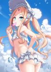  1girl abigail_williams_(fate/grand_order) abigail_williams_(swimsuit_foreigner)_(fate) ass back bangs bare_shoulders bikini blonde_hair blue_eyes blue_sky blush bonnet bow breasts fate/grand_order fate_(series) forehead hair_bow highres keyhole long_hair looking_at_viewer looking_back miniskirt navel parted_bangs shimokirin sidelocks skirt sky small_breasts swimsuit thighs twintails very_long_hair white_bikini white_bow white_headwear 