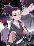  2boys age_difference blush brown_eyes brown_hair earrings fireworks gogglesyo grin highres holding_hands japanese_clothes jewelry kimono looking_at_viewer male_focus multiple_boys nara_shikamaru naruto naruto_(series) night outdoors ponytail smile spiked_hair tanabata 