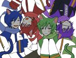  4boys akaito animal_ears animal_hands bandaged_head bandages black_coat blue_eyes blue_hair blue_scarf blush_stickers brothers cat_boy cat_ears cat_tail coat commentary eyepatch fang fuyuno_(ramentaro23) green_eyes green_hair hand_up hands_up highres kaito_(vocaloid) kemonomimi_mode lineup looking_at_viewer looking_to_the_side male_focus multicolored_coat multiple_boys muted_color nigaito open_mouth own_hands_together purple_eyes purple_hair purple_scarf red_eyes red_hair red_scarf rotational_symmetry scarf short_hair siblings simple_background skin_fang sleeve_cuffs sweatdrop tail taito_(vocaloid) upper_body very_long_sleeves vocaloid white_background white_coat 
