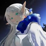  1girl blue_scarf blush chamwa commentary dutch_angle earrings elf frieren highres jacket jewelry long_hair looking_at_viewer night night_sky outdoors parted_lips pointy_ears scarf sky solo sousou_no_frieren star_(sky) starry_sky upper_body white_hair white_jacket 