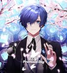  1boy bag baseball_mitt belt black_jacket black_ribbon blue_eyes blue_hair book box bubble bug butterfly charm_(object) cherry_blossoms closed_mouth collared_shirt dated english_text falling_petals gekkoukan_high_school_uniform glowing_butterfly hair_between_eyes hand_up headphones headphones_around_neck highres ichika_mihi jacket key lighter long_sleeves looking_at_viewer male_focus neck_ribbon notebook open_clothes open_jacket paper persona persona_3 petals ribbon school_uniform screw shirt short_hair smile solo straight-on tree upper_body white_butterfly white_shirt winding_key wing_collar yuuki_makoto_(persona_3) 
