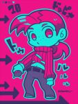  1boy belt chibi chibi_only freckles full_body holding jojo_no_kimyou_na_bouken kotorai limited_palette long_sleeves looking_at_viewer midriff navel pants pink_background pink_theme ponytail pursed_lips ribbed_sweater signature solo sweater translation_request vinegar_doppio 