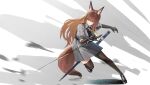  1girl animal_ear_fluff animal_ears arknights black_footwear brown_gloves brown_hair brown_tail brown_thighhighs closed_mouth collared_shirt dodging elbow_gloves expressionless fox_ears fox_girl fox_tail franka_(arknights) full_body gloves grey_background grey_shirt grey_skirt hair_between_eyes highres holding holding_sword holding_weapon jumping lanyard long_hair looking_to_the_side puffy_short_sleeves puffy_sleeves rapier scabbard sentou_kouhei_kitsune sheath shirt shoes short_sleeves sketch_background skirt skirt_set solo strap sword tail thighhighs unsheathed weapon white_background yellow_eyes 