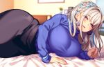  1girl 846-gou absurdres bed black_pants blue_hair blue_sweater braid braided_hair_rings breasts cross cross_earrings earrings fate/grand_order fate_(series) fingernails grey_hair hat highres indoors jewelry large_breasts long_hair long_sleeves looking_at_viewer lying multicolored_hair on_bed on_side pants pope_joan_(fate) purple_eyes smile solo sweater turtleneck turtleneck_sweater two-tone_hair 