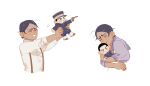  2boys aged_down arms_up black_hair character_doll chengongzi123 child closed_eyes collared_shirt cropped_torso dark-skinned_male dark_skin golden_kamuy highres holding holding_toy hugging_object japanese_clothes koito_otonoshin long_sleeves male_focus multiple_boys open_mouth outstretched_arms shirt short_hair simple_background suspenders toy triangle_mouth tsukishima_hajime very_short_hair white_background wide_sleeves 