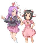  2girls aika_(cookie) animal_ears berazasu black_hair black_jacket blazer blush breasts carrot_necklace closed_mouth collared_shirt commentary_request cookie_(touhou) dress feet_out_of_frame floppy_ears frilled_sleeves frills hand_on_own_hip highres hisui_(cookie) inaba_tewi jacket jewelry long_hair long_sleeves looking_at_another looking_to_the_side medium_breasts multiple_girls necklace necktie open_mouth pink_dress pink_eyes pink_skirt pleated_skirt puffy_short_sleeves puffy_sleeves purple_hair rabbit_ears rabbit_girl rabbit_tail red_eyes red_necktie reisen_udongein_inaba ribbon-trimmed_dress shirt short_hair short_sleeves simple_background skirt small_breasts smile swept_bangs tail touhou very_long_hair white_background white_shirt 