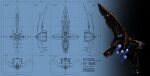  3d absurdres advanced_ship_(eve_online) amarr_empire_(eve_online) autodesk_3ds_max_(medium) battlecruiser_(eve_online) blue_background blueprint_(medium) caldari_state_(eve_online) commentary concept_art cyclodextrose english_text eve_online flying from_behind glowing highres khanid_kingdom_(eve_online) military_vehicle multiple_views no_humans original photoshop_(medium) radio_antenna realistic reference_sheet science_fiction spacecraft thrusters vehicle_focus 