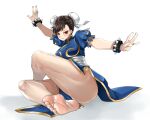  1girl arms_up bare_legs barefoot bracelet breasts brown_eyes brown_hair bun_cover china_dress chinese_clothes chun-li closed_mouth crossed_legs double_bun dress eiji_(eiji) eyeshadow feet fighting_stance hair_bun highres jewelry large_breasts makeup martial_arts nail_polish pelvic_curtain pink_nails red_eyeshadow sash short_hair short_sleeves sitting solo spiked_bracelet spikes street_fighter street_fighter_ii_(series) thick_thighs thighs white_sash 