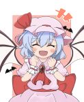  1girl ascot bat_(animal) bat_wings blue_hair blush bow brooch clenched_hands closed_eyes commentary_request hat hat_ribbon highres jewelry medium_hair mob_cap open_mouth pink_headwear puffy_short_sleeves puffy_sleeves purabird0370 red_ascot red_bow red_brooch remilia_scarlet ribbon short_sleeves smile solo touhou waist_bow wings wrist_cuffs 