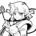  armor cham_(valis) choker circlet closed_mouth dress fang fingernails horns long_fingernails looking_at_viewer monochrome mugen_senshi_valis pointy_ears short_hair shoulder_pads simple_background single_horn smile wiping yazwo 