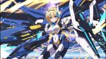  1girl and_the_hero_was_never_seen_again armor armored_bodysuit astel black_gloves blonde_hair blue_eyes blue_gemstone bodysuit bow breasts covered_navel frown galaxy game_cg gem gloves gold_trim hair_bow hair_ornament highres large_breasts light_particles long_hair looking_at_viewer mecha_musume mechanical_ears mechanical_wings non-web_source shoulder_armor solo star_(sky) very_long_sleeves white_bodysuit wings wrist_guards 