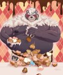 anthro belly black_body black_fur candy chocolate cookie dessert duo eyebrows food fur hi_res highforce059 holidays lifewonders male micro musclegut muscular navel nipples pecs size_difference thick_eyebrows tokyo_afterschool_summoners valentine&#039;s_day wen_kamui_(tas)