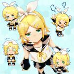  &gt;:( &gt;_&lt; 1girl :t angry annoyed aqua_background bare_shoulders black_sailor_collar black_shorts black_sleeves blonde_hair bow chibi clenched_hand comforting crop_top crying crying_with_eyes_open detached_sleeves expressions flat_chest from_above hair_bow hair_ornament hairclip hands_up head_steam headpat headphones headset highres honeycomb_(pattern) honeycomb_background kagamine_rin leg_warmers midriff_peek neckerchief open_mouth pigeon-toed pout sailor_collar shirt short_hair shorts shoulder_tattoo sleeveless sleeveless_shirt solid_oval_eyes solo tantrum tattoo teardrop tears torino_sasami treble_clef v-shaped_eyebrows vocaloid wavy_mouth white_bow white_shirt wide_sleeves yellow_neckerchief 