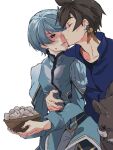  2boys arm_around_waist basket blue_shirt blush boar brown_hair closed_eyes commentary_request earrings egg feather_earrings feathers flustered grey_hair holding holding_basket hug hug_from_behind jewelry kiss kissing_cheek male_focus mikleo_(tales) multiple_boys nezumi_0141 purple_eyes shirt short_hair sketch sorey_(tales) sweat swept_bangs tales_of_(series) tales_of_zestiria upper_body wavy_mouth white_background yaoi 