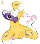 absurd_res anthro balls bandai_namco big_butt blue_eyes butt clothed clothing digimon digimon_(species) digital_media_(artwork) fur gaigas genitals hi_res male mammal nude pawpads paws penis renamon simple_background smile solo yellow_body