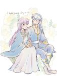  1boy 1girl blue_hair boots brother_and_sister cape circlet dress fire_emblem fire_emblem:_genealogy_of_the_holy_war floral_background headband highres julia_(fire_emblem) kuohsan long_hair looking_at_another open_mouth ponytail purple_eyes purple_hair seliph_(fire_emblem) siblings sitting white_headband 