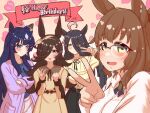  4girls ahoge animal_ears aston_machan_(umamusume) birthday_connection black_hair black_ribbon blue_eyes blue_hair blunt_bangs bright_pupils brown_hair brown_hairband casual commentary_request crossed_arms dated ear_covers ear_piercing earrings ears_through_headwear english_text flipped_hair frilled_shirt_collar frills glasses grey_hair hair_over_one_eye hairband happy_birthday hat highres horse_ears horse_girl huge_ahoge jacket jaggy_lines jewelry jimo_jimon light_brown_hair long_bangs long_hair long_sleeves looking_at_viewer manhattan_cafe_(umamusume) mini_hat multicolored_hair multiple_girls neck_ribbon official_alternate_costume open_clothes open_jacket pendant piercing purple_jacket red-framed_eyewear ribbon rice_shower_(umamusume) sidelocks single_ear_cover single_earring swept_bangs tilted_headwear trait_connection two-tone_hair umamusume upper_body v verxina_(umamusume) yellow_eyes 