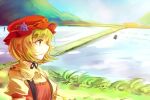  1girl 1other aki_minoriko apron blonde_hair closed_mouth commentary_request grass hat kutsuki_kai mob_cap mountain one-hour_drawing_challenge outdoors red_apron red_headwear short_hair smile solo_focus touhou upper_body yellow_eyes 