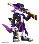 anthro canid canine canis clothing coat cowboy_hat dipodid fan_character fang_the_hunter gun hat headgear headwear hi_res hybrid jerboa male mammal purple_body ranged_weapon rifle rodent sega solo sonic_the_hedgehog_(comics) sonic_the_hedgehog_(series) steve.j_art topwear trenchcoat weapon wolf