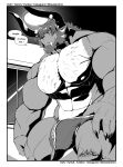 2023 2_horns abs anthro barazoku beard biceps big_bulge big_muscles big_pecs blush blush_lines border bovid briefs briefs_only bulge chest_tuft clothed clothing deadanthro detailed_bulge english_text facial_hair fangs finger_in_underwear genital_outline hair hair_over_eye hi_res horn jewish_mythology leaning leaning_forward looking_at_viewer male mammal manly monochrome muscular muscular_anthro muscular_male muscular_thighs mythological_behemoth mythology one_eye_obstructed pecs penis_outline signature solo suggestive teeth text text_on_clothing text_on_underwear topless tuft underwear underwear_only