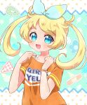  1girl :d bandaid blonde_hair blue_bow blue_eyes blush bow chii_(chi_pppuri) clothes_writing commentary_request hair_bow hands_up highres kiratto_pri_chan long_hair looking_at_viewer moegi_emo open_mouth orange_shirt pretty_series shirt short_sleeves smile solo standing t-shirt twintails upper_body 