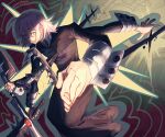  1other ahoge androgynous artist_name black_robe blue_eyes crona_(soul_eater) cuff_links extra_arms grin highres holding holding_sword holding_weapon impaled pink_hair purple_hair ragnarok_(demon_sword) reaching reaching_towards_viewer red_lips robe short_hair smile solo soul_eater spikes stab sword taku_(aywakutakuay) weapon white_eyes 