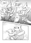  2_tails animal_genitalia anus balls black_and_white blush bodily_fluids buizel butt comic dialogue duo english_text fangs feral floatzel fur genitals hi_res hug kissing lester_(risenpaw) looking_at_another male male/male monochrome multi_tail ness_(risenpaw) nintendo open_mouth pok&eacute;mon pok&eacute;mon_(species) risenpaw shaded sitting speech_bubble suggestive_look swallowing sweat text video_games water wet wet_body wet_fur 
