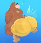 2024 anthro banjo-kazooie banjo_(banjo-kazooie) barefoot bear big_butt blue_background bottomwear bubble_butt butt clothed clothing crouching debudraws emanata eyebrows feet fur hi_res huge_butt huge_thighs jewelry looking_at_viewer looking_back looking_back_at_viewer male mammal necklace overweight overweight_anthro overweight_male presenting presenting_hindquarters question_mark rareware shorts simple_background solo thick_thighs tight_bottomwear tight_clothing tight_shorts topless topless_anthro topless_male tuft