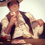  1boy alcohol alternate_universe black_eyes black_hair bolo_tie brown_vest card chengongzi123 collared_shirt collared_vest cowboy cowboy_hat cowboy_western cup dark-skinned_male dark_skin drinking_glass english_commentary golden_kamuy grin hands_up hat highres holding holding_cup koito_otonoshin looking_at_viewer male_focus playing_card poker_chip shirt short_hair sitting smile table two_of_hearts upper_body very_short_hair vest wine wine_glass 