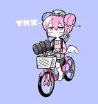  1girl angel_wings animal_on_head ankle_socks bicycle black_skirt blush_stickers bug closed_mouth commentary_request double_bun drumsticks eyelashes full_body hair_bun indie_utaite long_sleeves looking_ahead miniskirt nanawo_akari on_head pink_eyes pink_hair pink_sleeves pink_sweater pleated_skirt purple_background riding riding_bicycle short_hair simple_background skirt socks solo suspenders sweater terada_tera thank_you utaite v-shaped_eyebrows white_socks white_wings wings 