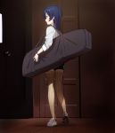  1girl a1 alternate_costume bag bangs blue_hair bracelet commentary_request duffel_bag facing_to_the_side full_body highres jewelry long_hair long_sleeves love_live! love_live!_school_idol_project ribbed_legwear shirt shoes shorts sleeves_folded_up smile sneakers solo sonoda_umi swept_bangs thighhighs white_shirt yellow_eyes yellow_legwear 
