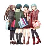  4girls :d alternate_costume aqua_hair bag black_footwear black_skirt blue_eyes boots brown_coat brown_footwear brown_hair casual coat duffel_coat from_behind full_body fur-trimmed_boots fur_trim green_coat green_eyes green_hair grey_coat hair_between_eyes hair_ornament hair_ribbon hand_in_pocket high_heel_boots high_heels highres kantai_collection knee_boots kneehighs kumano_(kancolle) loafers long_hair looking_at_another mikuma_(kancolle) mogami_(kancolle) multiple_girls pantyhose pink_coat pink_scarf plaid plaid_scarf plaid_skirt ponytail red_footwear red_ribbon red_scarf red_skirt red_sweater ribbon scarf shoes shopping_bag short_hair simple_background skirt sleeves_past_wrists smile snowflake_hair_ornament socks star_(symbol) suzuya_(kancolle) sweater swept_bangs teramoto_kaoru thighhighs twintails white_background white_scarf 