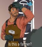  1boy arm_on_own_head bara beard_stubble belt blacksmith blush brown_hair brown_overalls bug butterfly connected_beard coral_island cowboy_shot dark-skinned_male dark_skin facial_hair gloves hammer highres holding holding_hammer is_this_a_pigeon_(meme) male_focus mature_male meme meme_template_background mustache_stubble overalls rafael_(coral_island) shirt short_hair smile solo stubble sweat sweaty_armpits sweaty_clothes t-shirt thick_arm_hair thick_eyebrows thom_sketching 